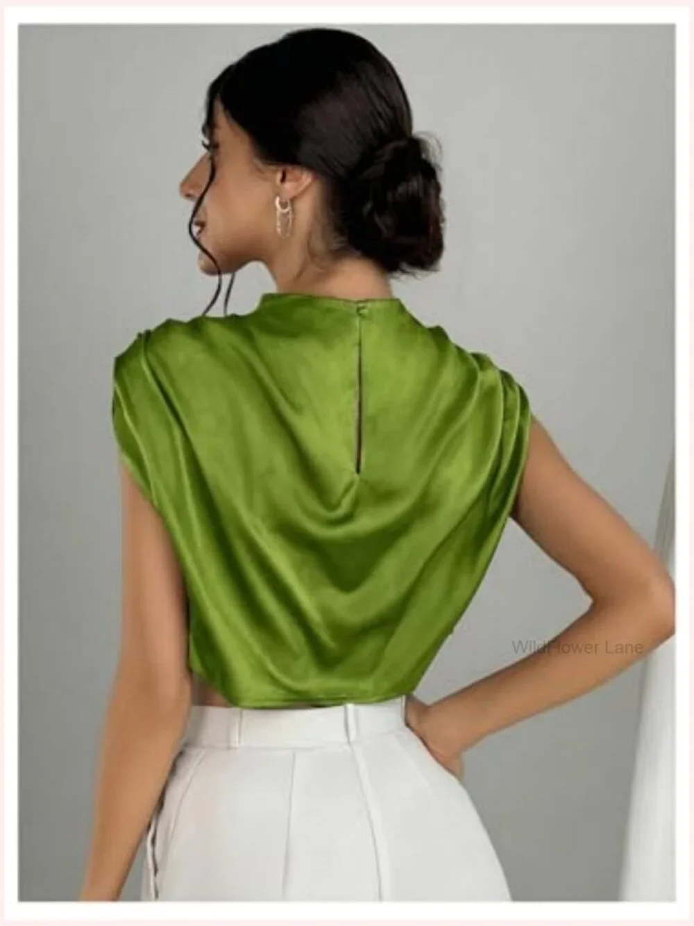 Satin Crop Top Mock Neck Blouse Ruched Cap Sleeve Dressy Work Shirt - Picture 2 of 7
